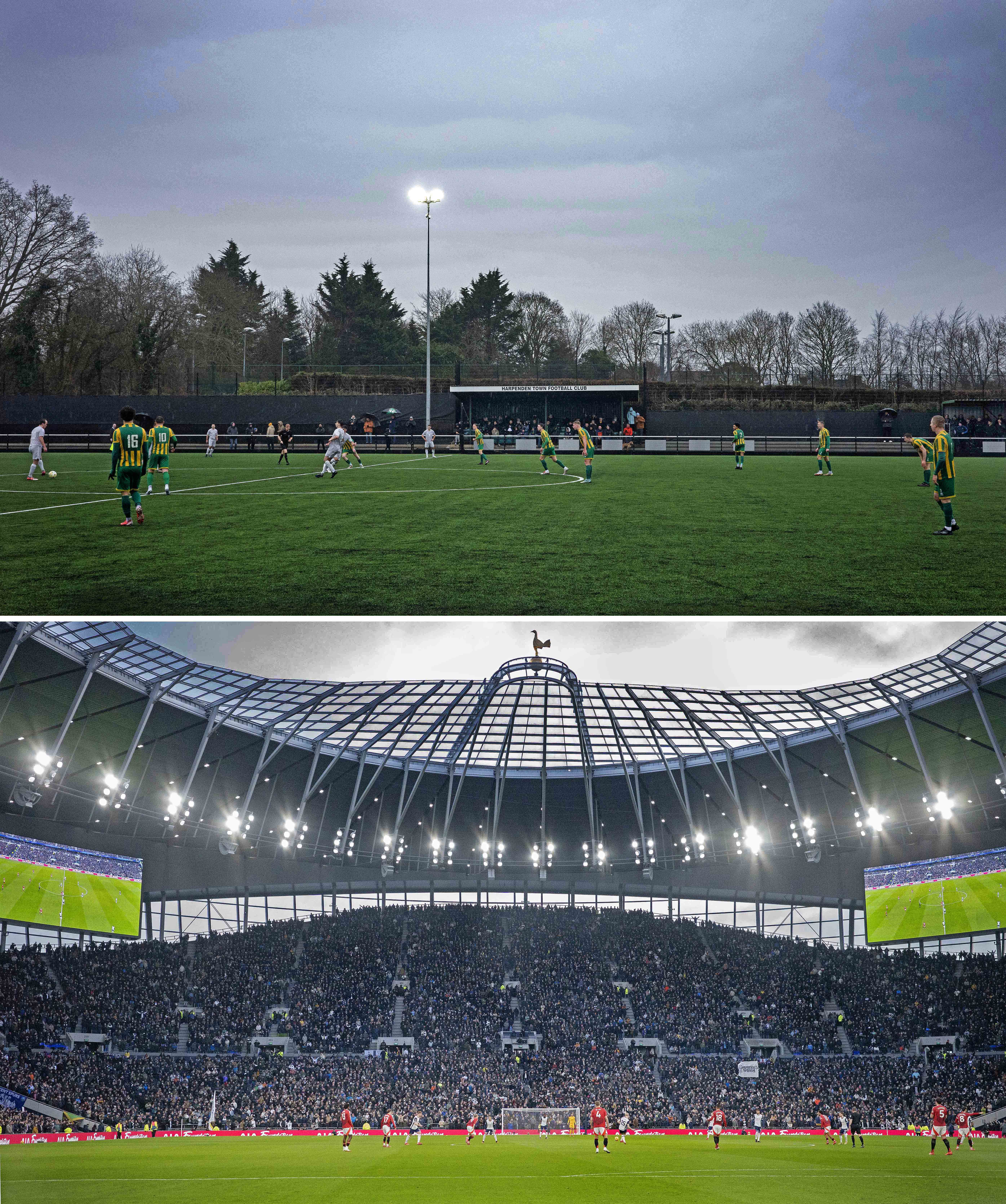 Collage of two football matches: Harpenden Town FC vs London Lions, and Tottenham Hotspur vs Manchester United.