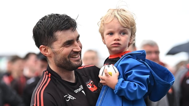 7 September 2025; Ballygunner goalkeeper Stephen O'Keeffe with his son Fionn after the Waterford County Senior Club Hurling Championship final match between Ballygunner and Mount Sion at Walsh Park in Waterford. Photo by Piaras Ó Mídheach/Sportsfile