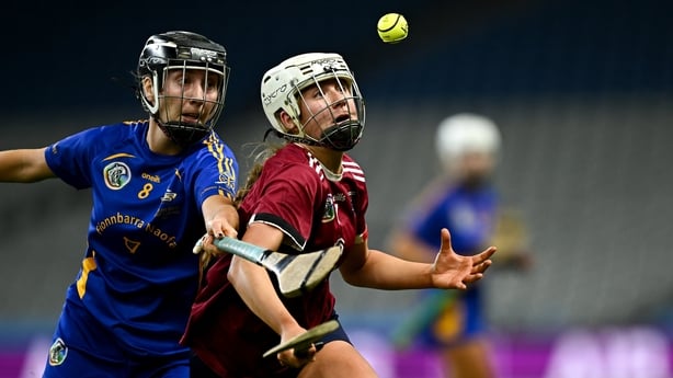 14 December 2025; Sinéad Feeney of Athenry in action against Ciara Golden of St Finbarr's during the AIB All-Ireland Camogie Senior Club Championship final match between Athenry of Galway and St Finbarr's of Cork at Croke Park in Dublin. Photo by Seb Daly/Sportsfile 