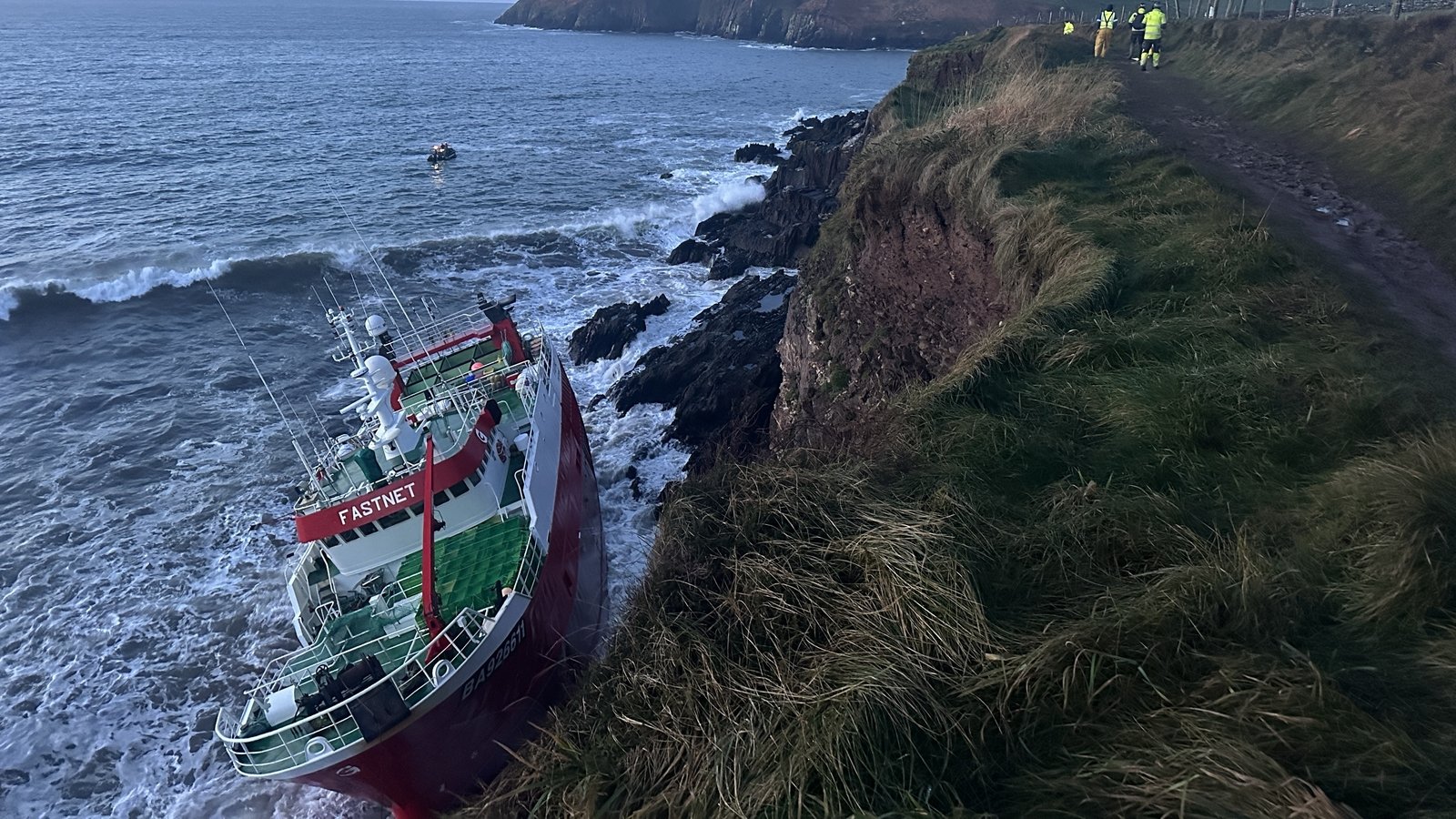 Salvage operators unable to board grounded trawler