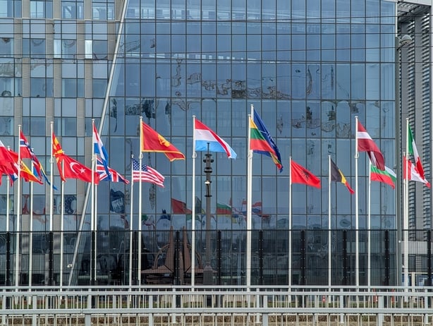 32 flags represent member states at the NATO, North Atlantic Treaty Organization headquarters in Haren, Brussels, Belgium, on December 17, 2025. (Photo by Michael Nguyen/NurPhoto via Getty Images)