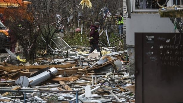 A heavily damaged residential building following a Russian drone strike on one of Kyiv's residential districts in Ukraine 