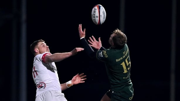 27 December 2025; Sam Gilbert of Connacht and Zac Ward of Ulster contest a high-ball during the United Rugby Championship match between Connacht and Ulster at Dexcom Stadium in Galway. Photo by Ben McShane/Sportsfile