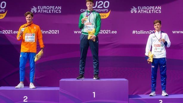 17 July 2021; Cian McPhillips of Ireland with his gold medal after victory in the final of the men's 1500 metres during day three of the European Athletics U20 Championships at the Kadriorg Stadium in Tallinn, Estonia. Photo by Marko Mumm/Sportsfile 