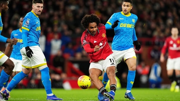 Manchester United's Joshua Zirkzee scores their side's first goal during the Premier League match at Old Trafford, Manchester