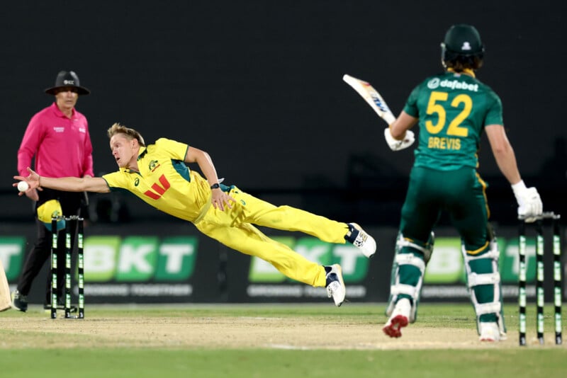 An Australian cricketer in a yellow uniform dives horizontally to catch the ball, while a South African batsman in a green uniform stands at the crease. An umpire watches in the background.