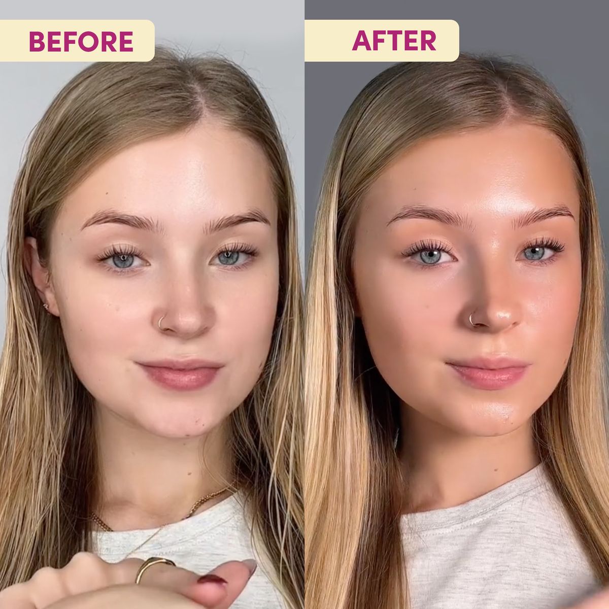 Before and after results from the Antioxidant Face Tanning Micromist from Coco & Eve