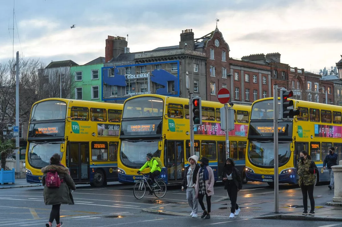Dublin public buses seen on O'Connell Bridge 
On Friday, February 5, 2021, in Dublin, Ireland. (Photo by Artur Widak/NurPhoto via Getty Images)