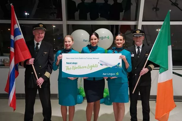 Captain Conor Barrett and Captain Daragh Gunning with Aer Lingus Cabin Crew Anne-Marie Lally, Heidi Carthy and Maura Moore at the official launch of new route to Tromsø