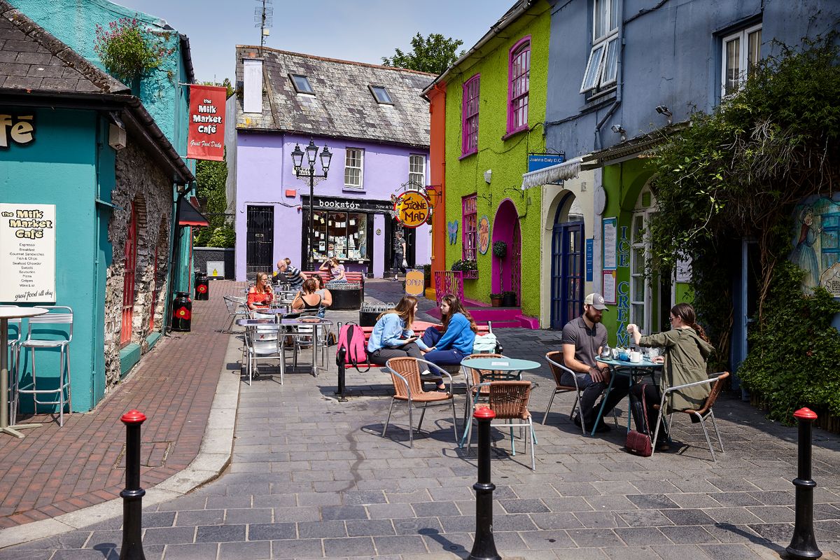 View of the colourful pedestrian marketplace in Kinsale, Ireland