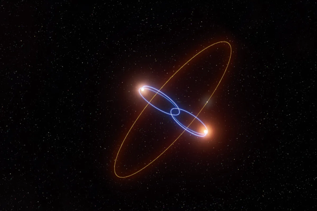 Illustration of 2M1510 (AB) b, a planet orbiting two brown dwarf stars. The orbit of the planet is in orange and the two brown dwarfs in blue