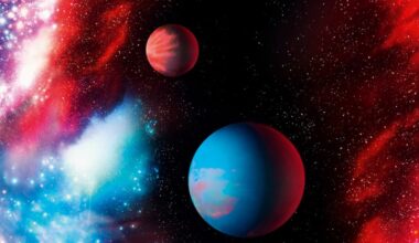 Illustration of a blue planet and a smaller red planet in space