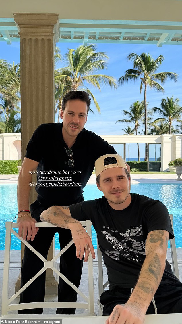 Brooklyn, 26, and Nicola, 30, arrived in Miami, Florida earlier this week, with the hot sauce owner posing with her brother Bradley for a picture in the back garden of the mansion
