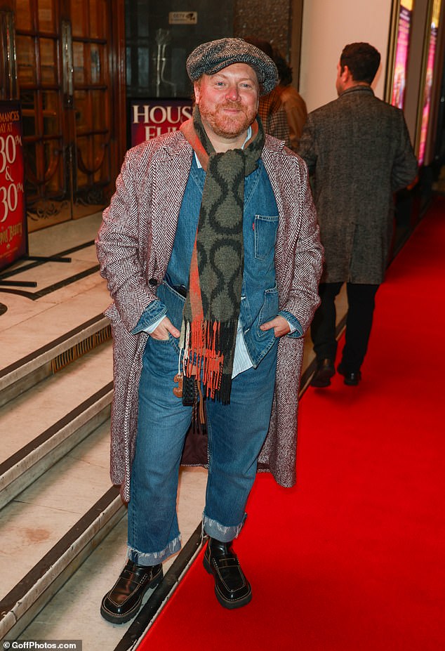 Leigh Francis rocked a trendy double denim co-ord with a wool coat