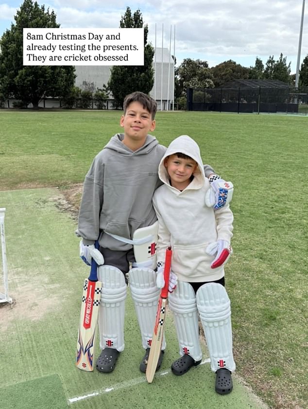 Elsewhere mother-of-two Nadia Bartel shared a photo of her two sons Aston and Henley Roy (both pictured) in playing cricket at a nearby park