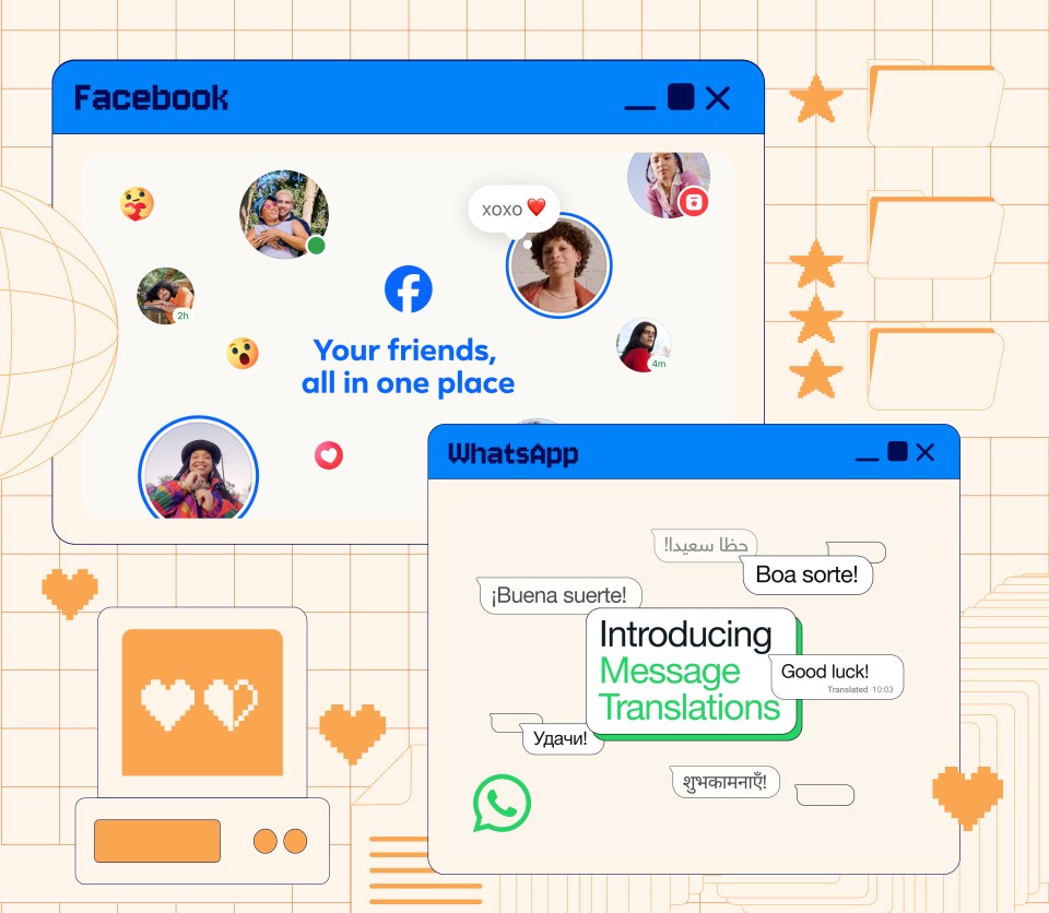Collage of Facebook and WhatsApp features imposed on an illustration of a web browser