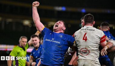 Tadhg Furlong celebrates a Leinster try