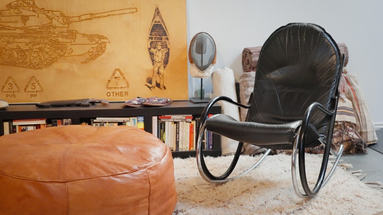 Closeup on a leather rocking chair. 