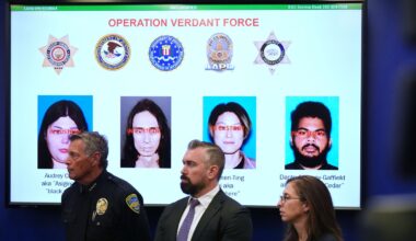 Photos of suspects of the terror plot are shown on a screen during a press conference. Pic: AP