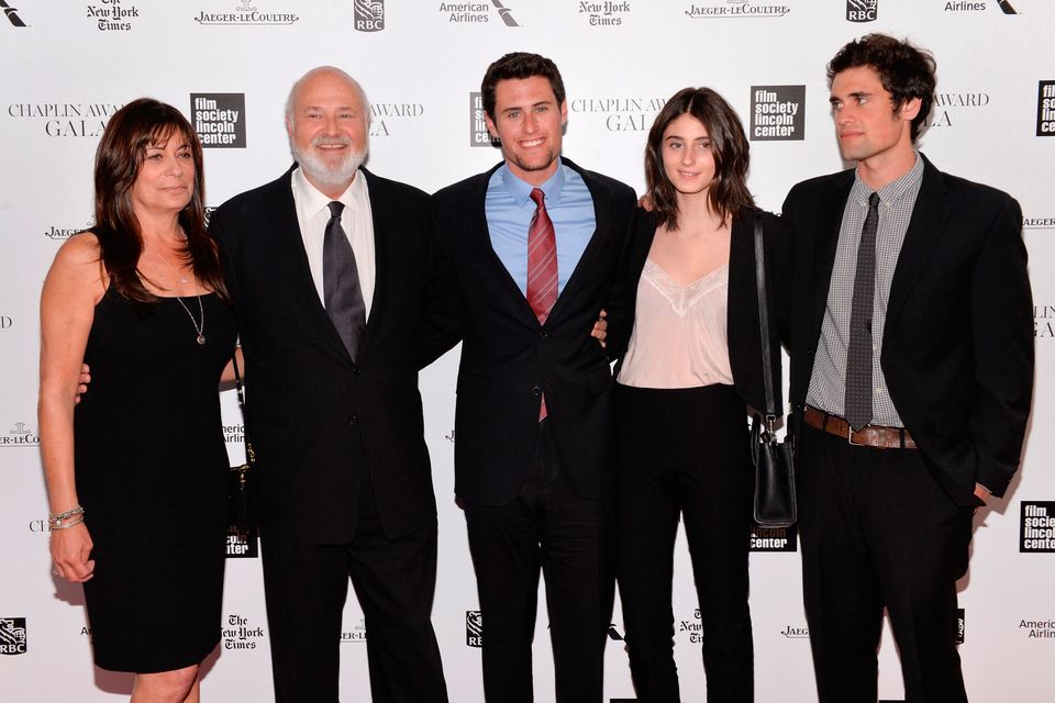 Rob Reiner, second left, poses with his wife Michele, left, and children Jake, centre, Romy, and Nick at the 41st annual Chaplin Award Gala at Avery Fisher Hall. Photo: AP