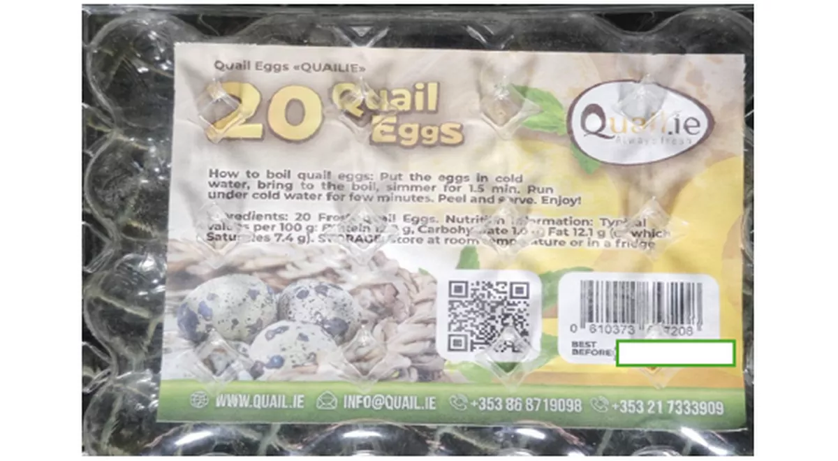 Recall of several batches of Quail.ie Always Fresh 20 Quail Eggs due to the possible presence of Salmonella. Image: FSAI