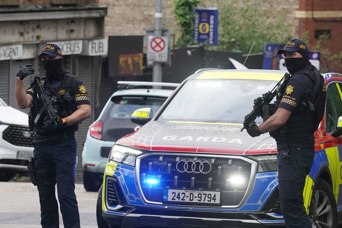 Members of the Gardai armed support unit outside The Criminal Courts of Justice in Dublin ahead of the court appearance of Sean McGovern