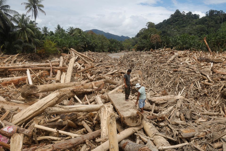 Men stand on logs swept away by flash flooding in Batang Toru (Binsar Bakkara/AP)