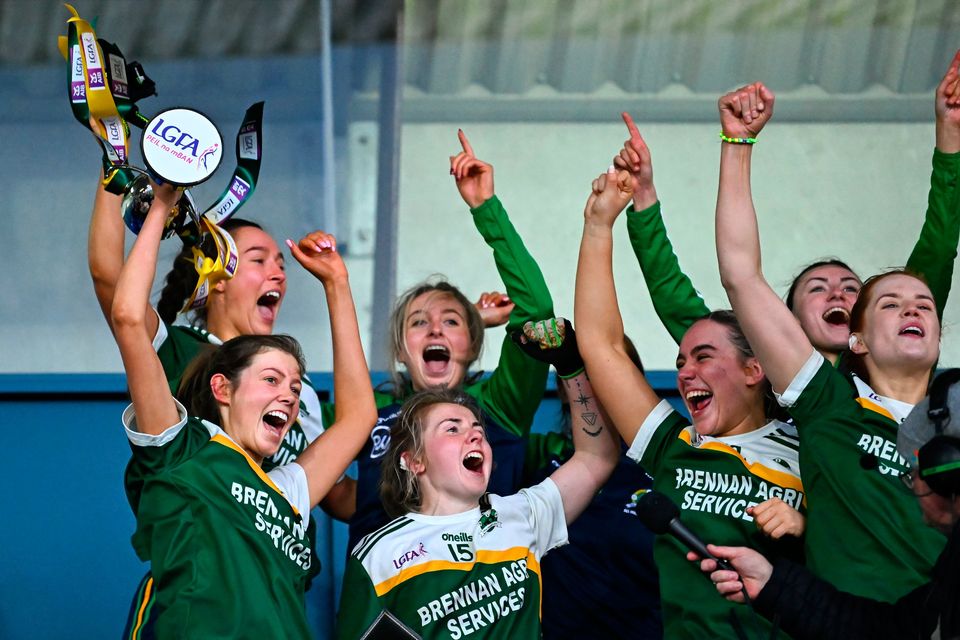 Muckalee captain Clodagh Hanlon lifts the cup after her side's victory at Parnell Park. Photo: Piaras Ó Mídheach/Sportsfile
