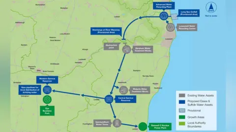 Essex & Suffolk Water A map of part of Suffolk where water company Essex & Suffolk Water wants to create new reservoirs, pipelines and a recycling plant.