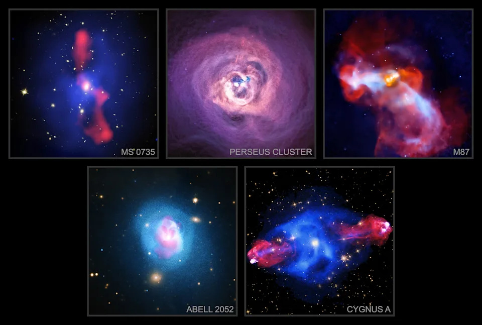 A series of galaxies of various shapes in five different boxes, each galaxy a swirl of blue and red light