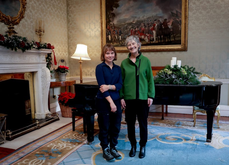 Greta Thunberg meets President Catherine Connolly in Áras an Uachtaráin in Dublin. Photograph: Tony Maxwell/PA Wire