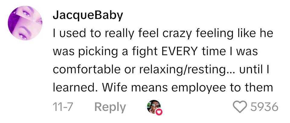 Comment discusses feelings of conflict in a marriage, with a realization about the dynamic