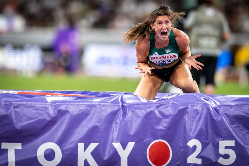 Ireland Kate O’Connor celebrates jumping a new lifetime best height at the World Athletics Championships. Photograph: Morgan Treacy/Inpho