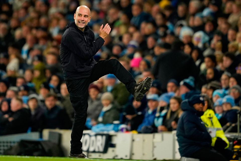 Manchester City's head coach Pep Guardiola reacts as he watches his team during their Premier League clash with West Ham United. Photo: Dave Thompson/AP