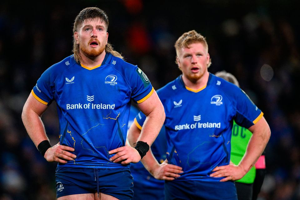 Leinster's Joe McCarthy, left, and brother Paddy McCarthy during last Friday night's URC encounter with Ulster at the Aviva Stadium. Photo: Brendan Moran/Sportsfile