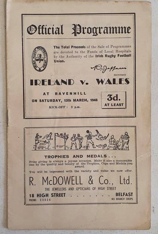 The programme for Ireland's 1948 Grand Slam-winning rugby match at Purcell Auctioneers in Birr.