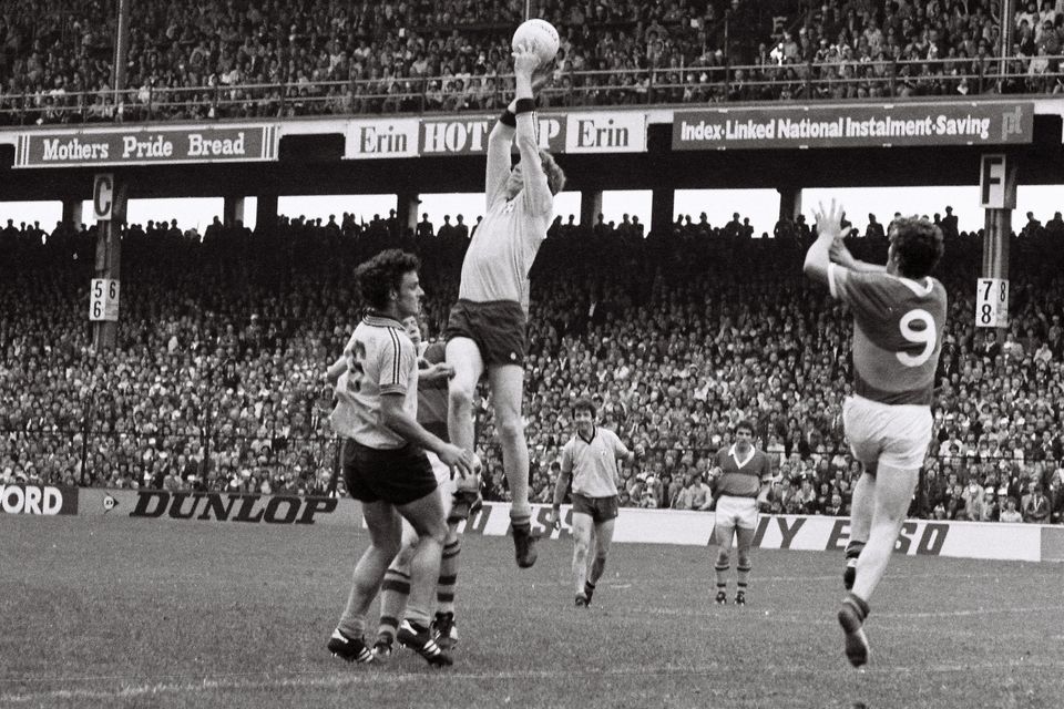 Dublin's Seán Doherty fields a high ball the led to Bernard Brogan's late goal against Kerry in the 1977 All-Ireland semi-final. Photo: Connolly Collection/Sportsfile