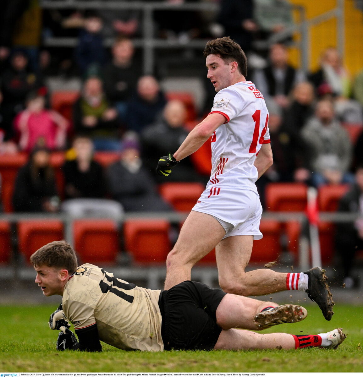 Chris Óg Jones of Cork watches his shot go past Down goalkeeper Ronan Burns. Picture: Ramsey Cardy/Sportsfile
