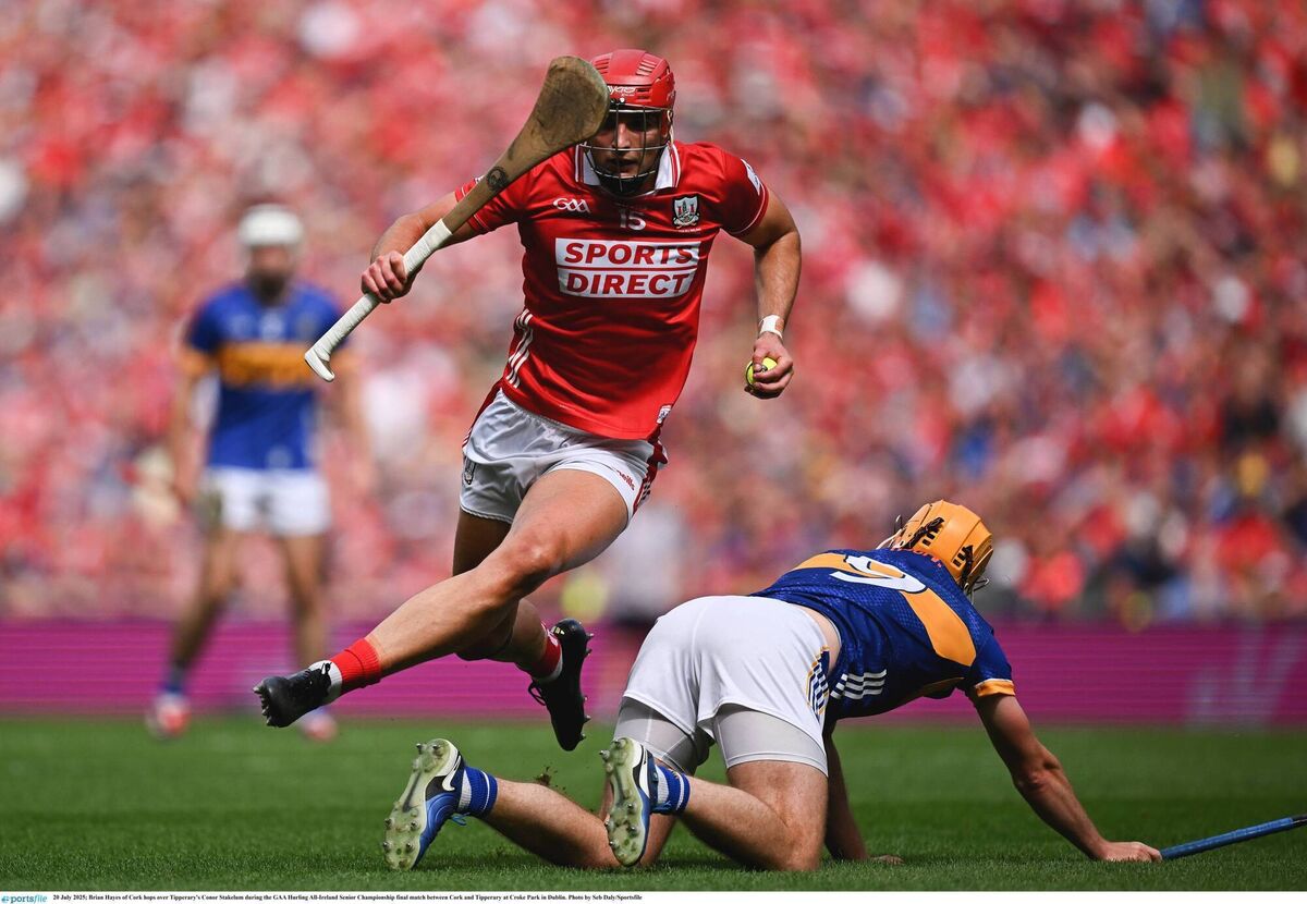  Brian Hayes of Cork hops over Tipperary's Conor Stakelum at Croke Park. Picture: Seb Daly/Sportsfile