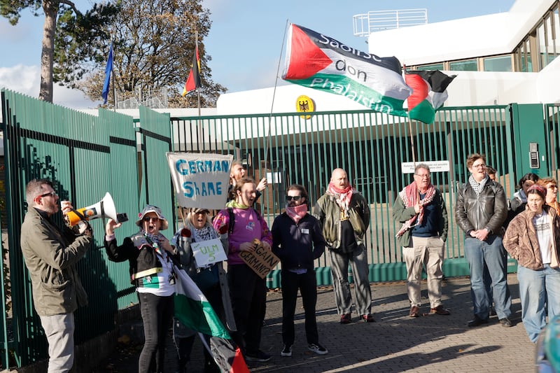 29/10/2025  - A protest at the German Embassy in Dublin, in support of Irish Man Daniel Tatlow Devally and other protestors who were arrested after the storming of the Israeli wepons company Elbit Systems in the German City of Ulm.   Photograph: Alan Betson / The Irish Times
