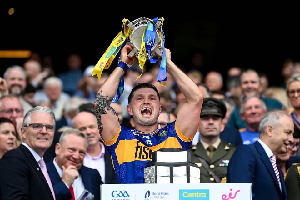 Willie Connors of Tipperary lifts the Liam MacCarthy cup after victory in the 2025 All-Ireland final over Cork at Croke Park. Photo by Stephen McCarthy/Sportsfile