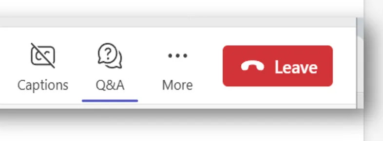 This screenshot of a Teams Town Hall shows where to find the Q&A to participate in a live chat.