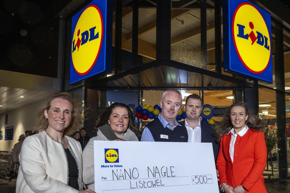 Pictured at the official opening of the new Lidl store in Listowel, County Kerry on Thursday morning are Kim Kerins, Lidl regional sales operations director,  Stephen O'Connell, Lidl Listowel store manager and Keith Hogan, Lidl sales operations manager presenting a cheque for 500 euro to Jacinta Budhlaeir, Principal, Suzanne Walsh of Nano Nagle Listowel. Photo: Don MacMonagle