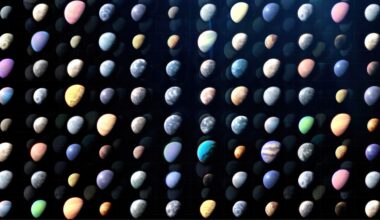 An artist's illustration of the various exoplanets found, with rows of colorful planets of all colors and sizes over a dark background