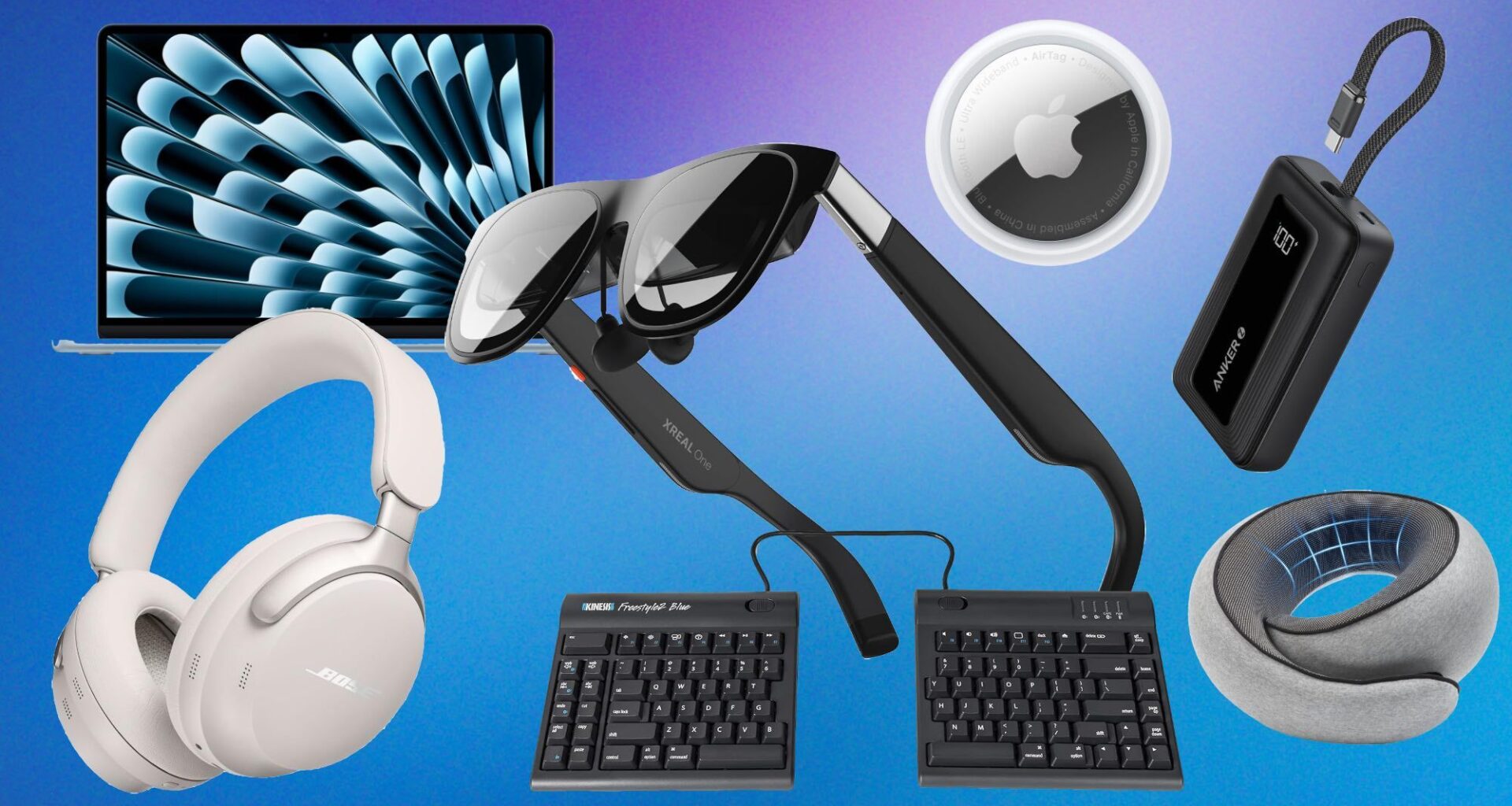 Travel gadgets for the holidays, including the MacBook Air, Bose headphones, Xreal glasses, Purroch memory foam pillow, Kinesis split keyboard, AirTag and Anker charger