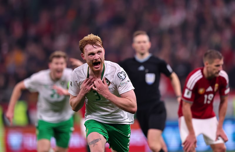 Liam Scales after Troy Parrott got on the end of his knock-down to prod Ireland to victory in Hungary. Photograph: David Balogh/Getty Images