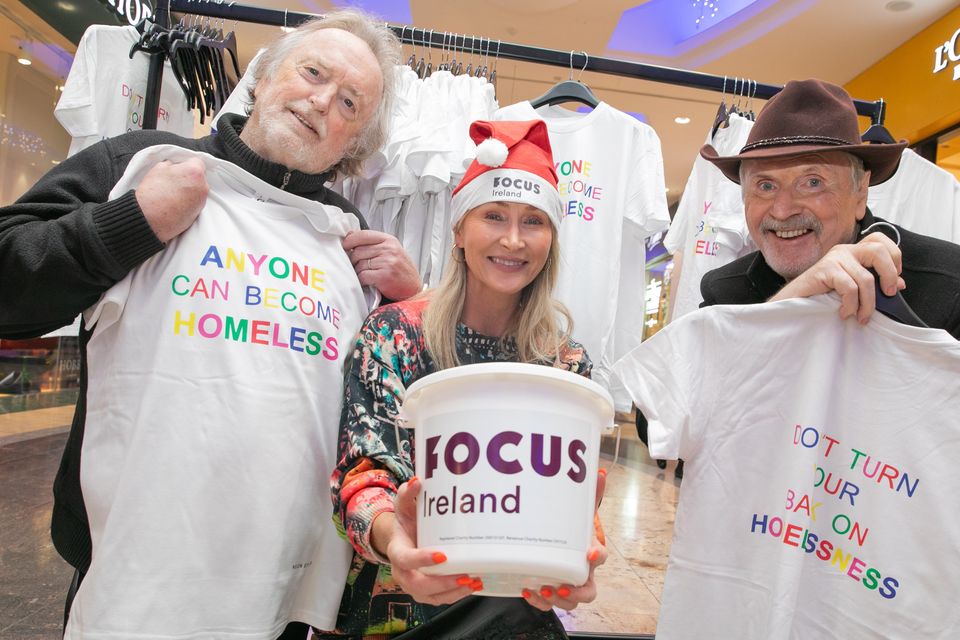 Musician Barry Devlin, designer Helen Steele and actor Patrick Bergin selling  T-shirts for Rock Against Homelessness in aid of Focus Ireland at Dundrum Shopping Centre, Dublin. Photo: Gareth Chaney