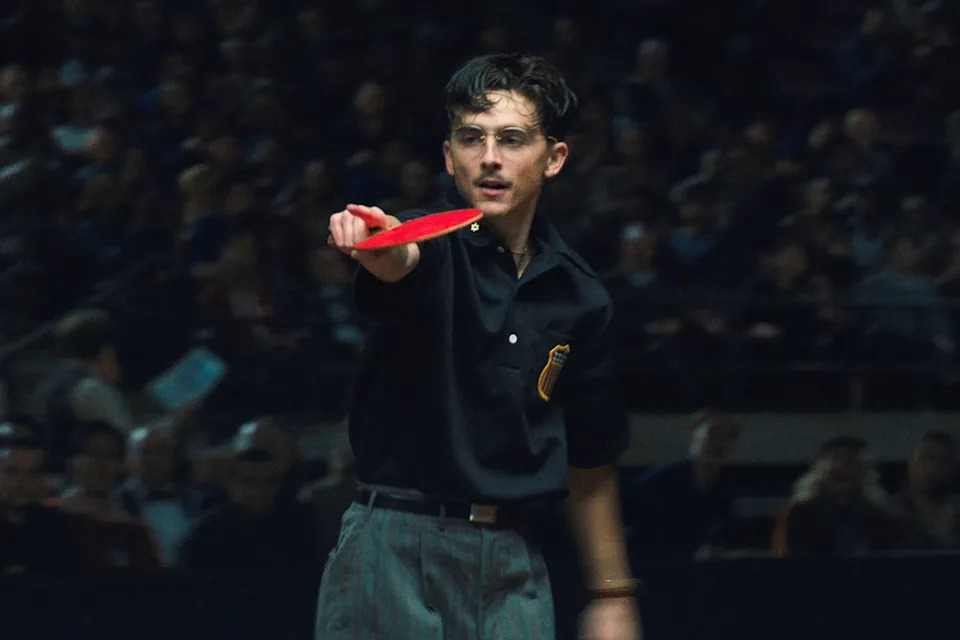 Timothée Chalamet as the eponymous lead in ‘Marty Supreme.’ He is predicted to earn his third Oscar nomination for Best Actor for his performance (A24)