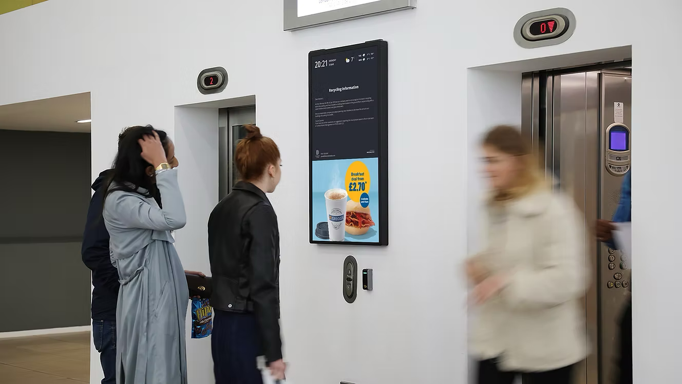 Digital screens in a residential lobby