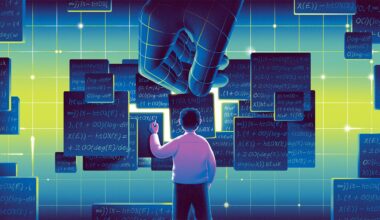 Illustration of mathematician in pink shirt writing on a fragment of a chalkboard while AI hand places piece in the middle